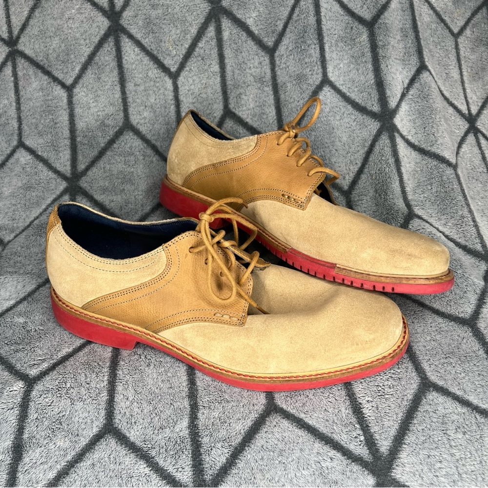 Cole Hann Men's Tan Suede Leather Oxford Lace Up Dress Shoes with Red Bottom